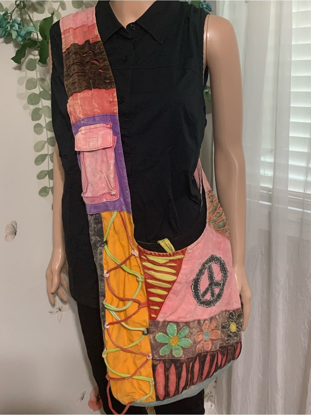 Patchwork Bohemian Crossbody Multicolor Sling Bag with Floral Peace Motif